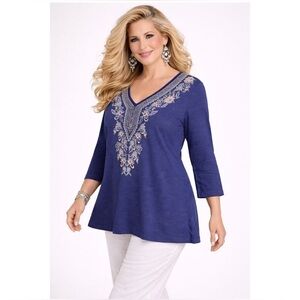 NWT J. Jill Women’s Embroidered Floral V-Neck 3/4 Sleeve Knit Top Navy Size XL